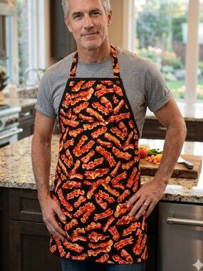 Handmade Bib Kitchen Apron Bacon Strips Cotton Pocket Brunch Breakfast